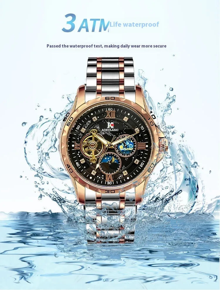 Automatic mechanical men's watch with rose gold shell and black dial showing day-date function