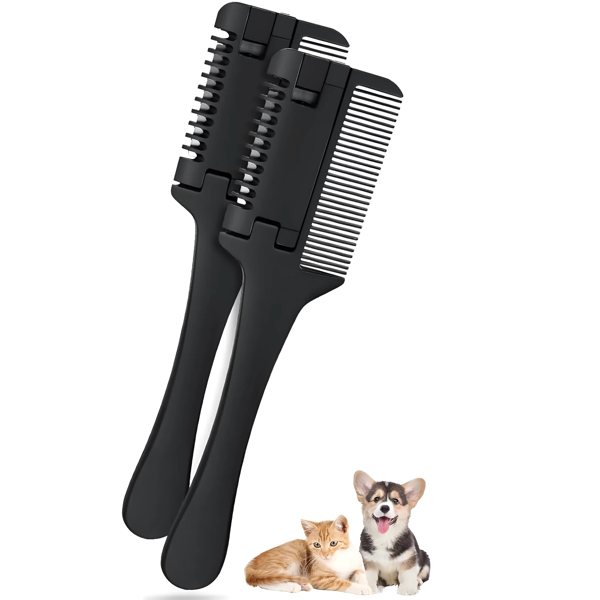 Black pet grooming comb with razor blades and package of ten replacement blades.