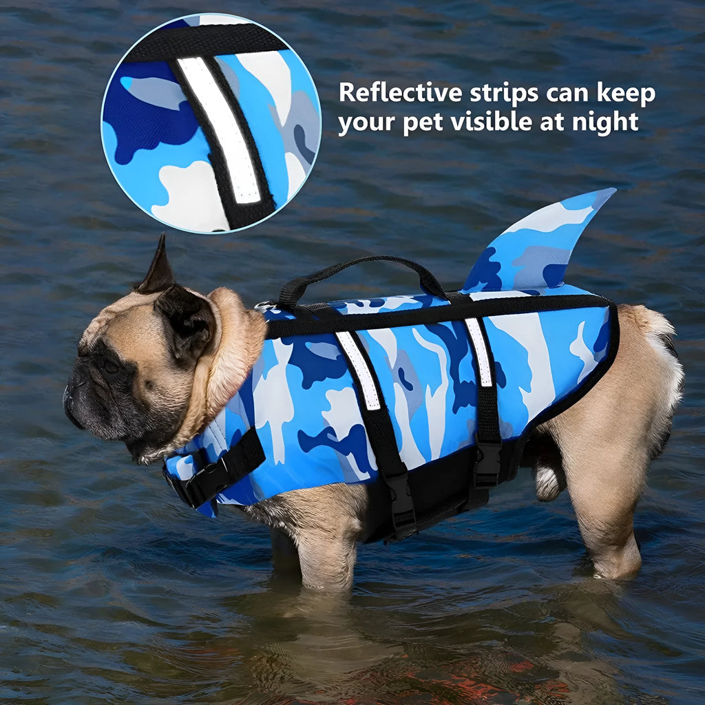 Dog lifesaving swimming suit in camouflage shark blue and rose red colours for sizes XS to XXL