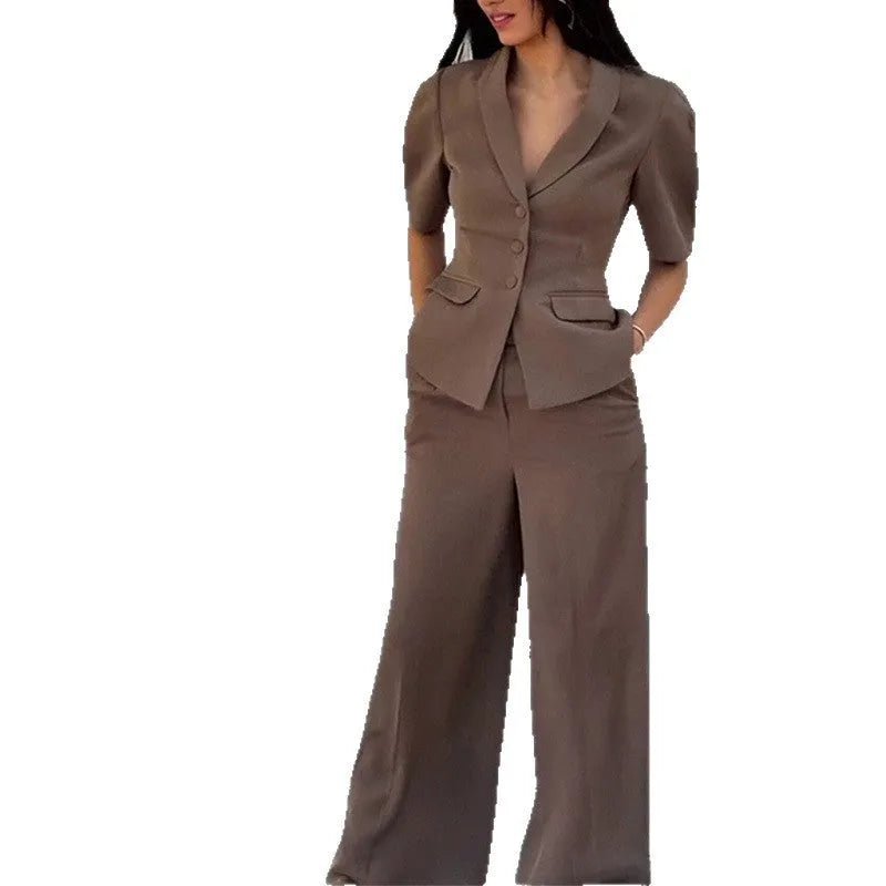 Brown polyester men's slim fit suit with long sleeves and matching trousers