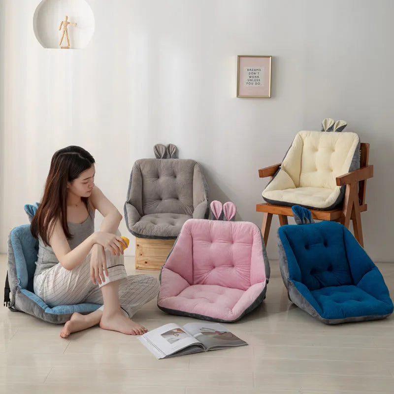 Plush square chair cushion with four holes, available in 40x40cm, 45x45cm, and 50x50cm sizes and seven solid colours