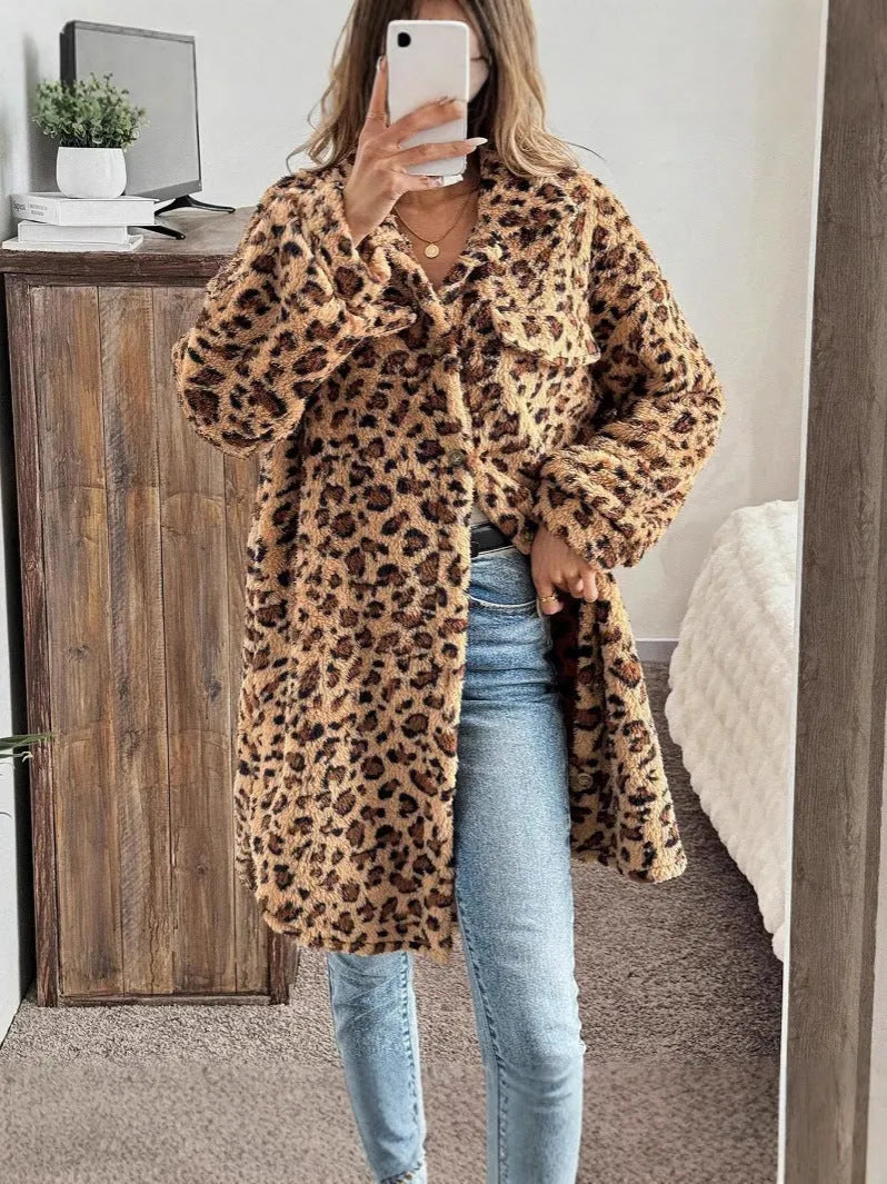 Women's double-sided plush cardigan long coat in dark brown animal pattern, long sleeves, sizes S-XL.