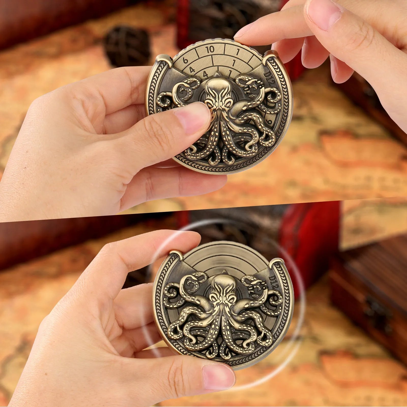 Vintage metal octopus dice turntable in bronze finish on tabletop, compact dice rolling accessory