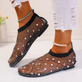 Women's colourful mesh flat sandals with rhinestone decoration and round toe