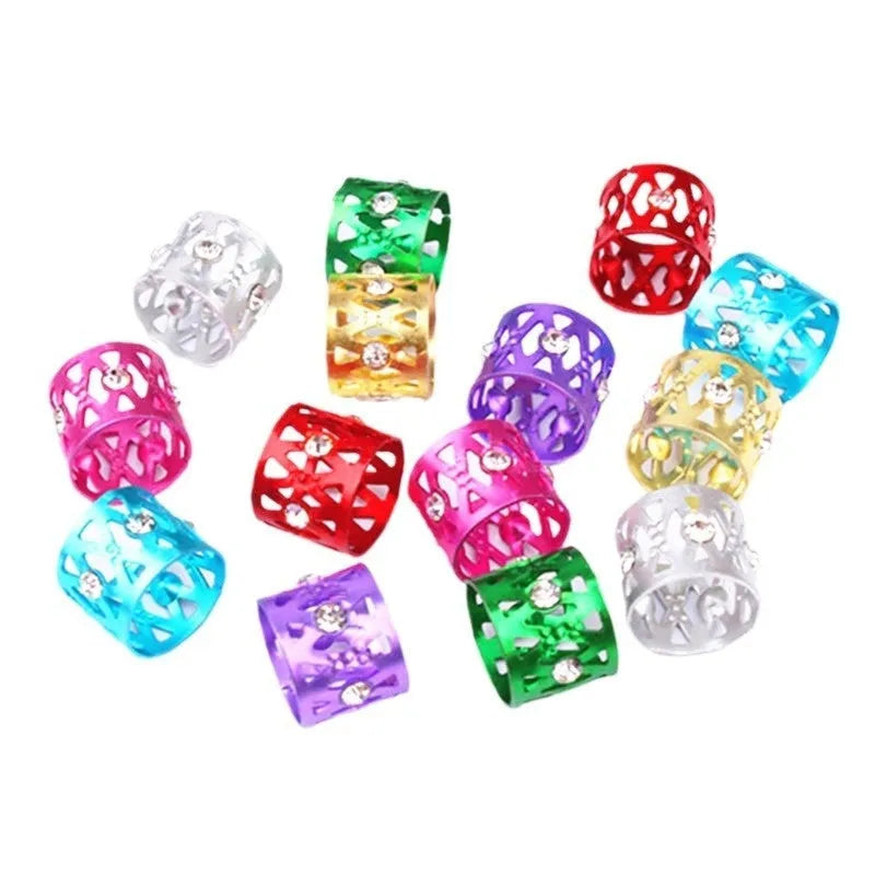 Hollow metal hair ring with jewel decoration shown in one of its eight colour options.