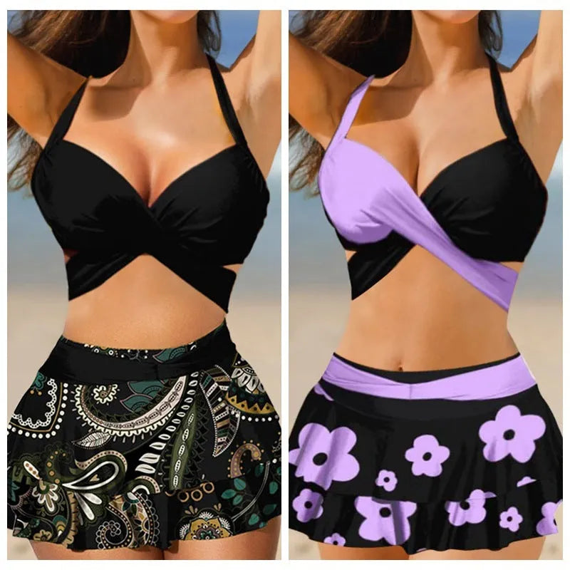 Women's purple high-waisted skirt bikini set with lace-up backless design for swimming