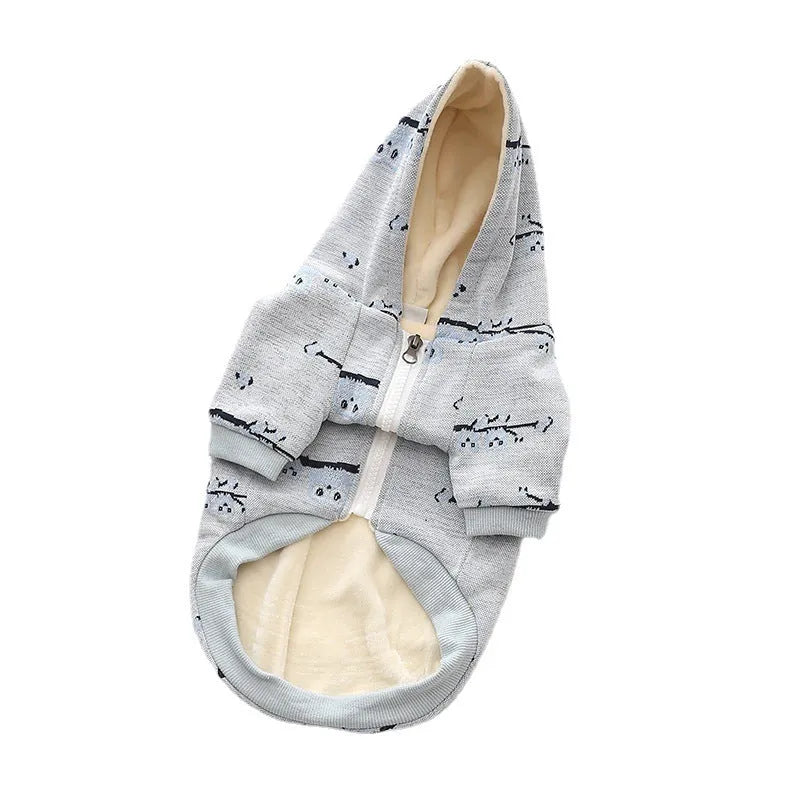 Blue cotton dog sweater with front zipper closure on small dog