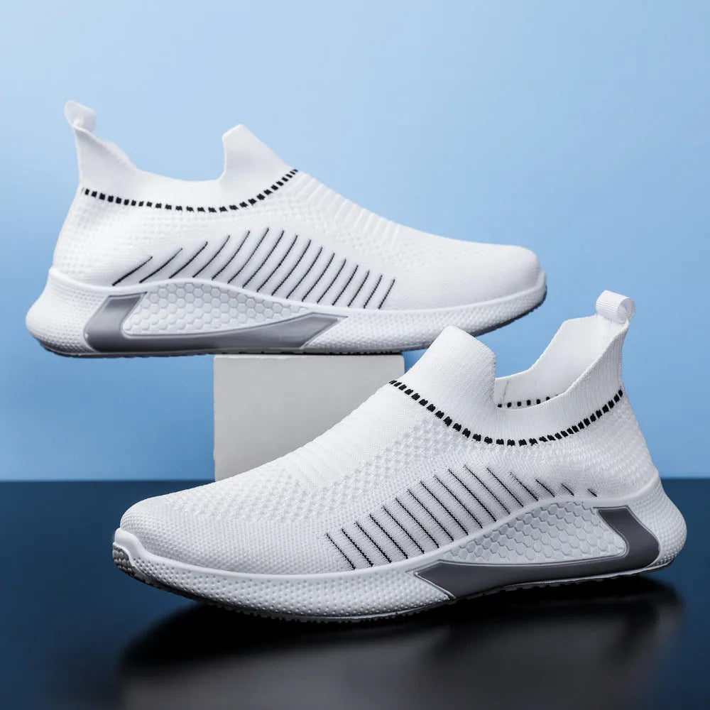 Men's striped mesh sock shoes with Flyknit upper and front lace-up closure in black, black white, or white colours