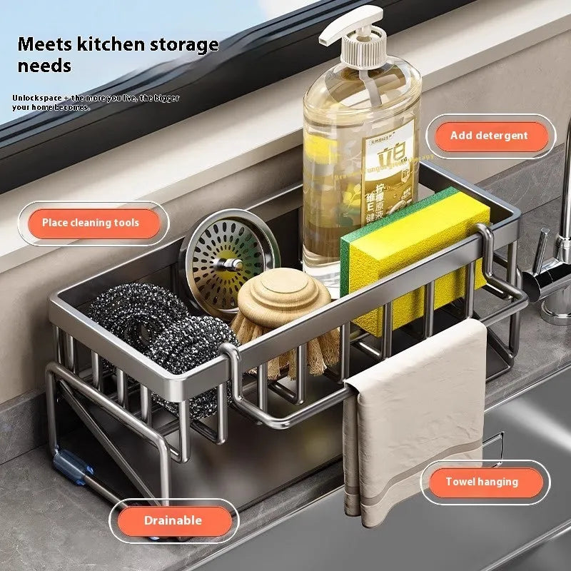 Kitchen sink rag draining rack in carbon steel with three colour options placed beside sink
