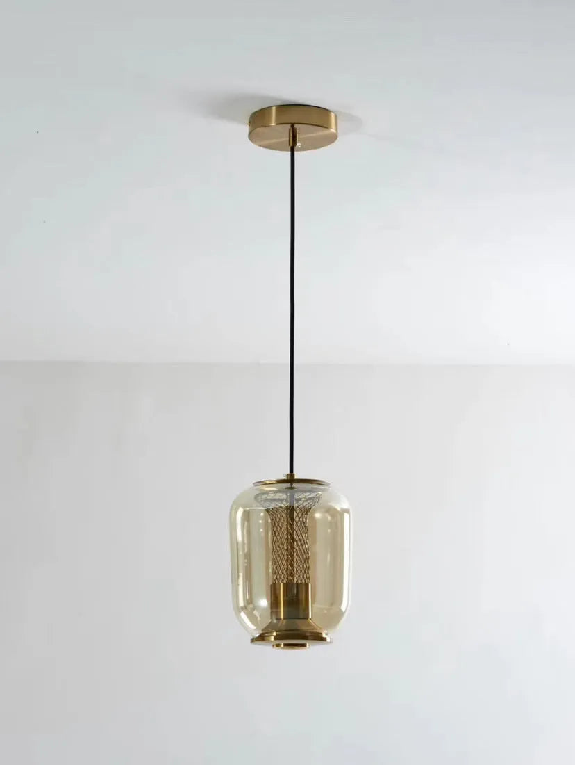 Minimalist Nordic chandelier light fitting in clear, cognac, or smoky grey colour measuring 16cm diameter by 20cm height