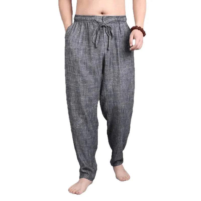 Men's retro linen harem pants solid colour elastic waist brown linen gray polyester fibre fabric