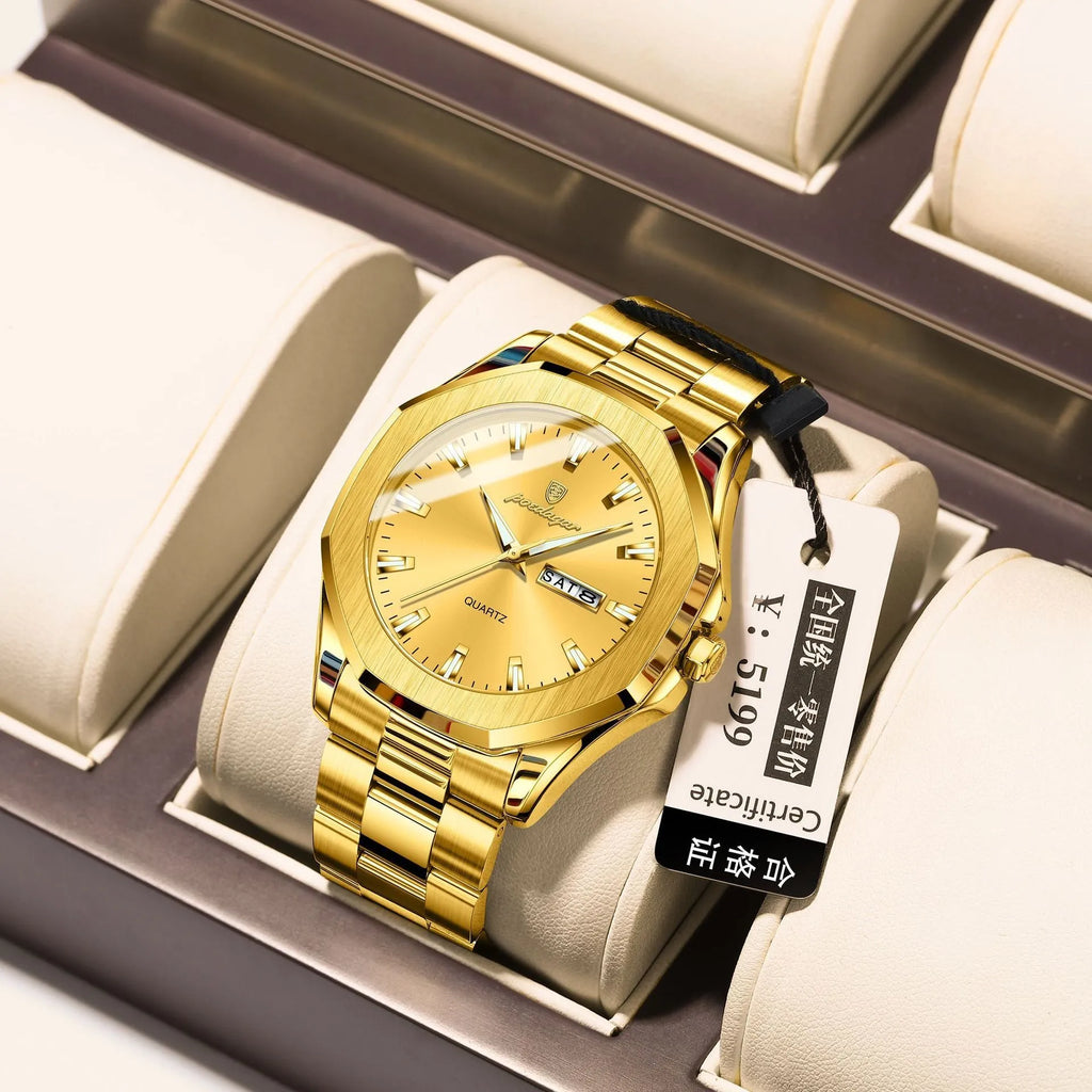 Men's thin steel quartz watch with a business-style case and bracelet on a wrist.
