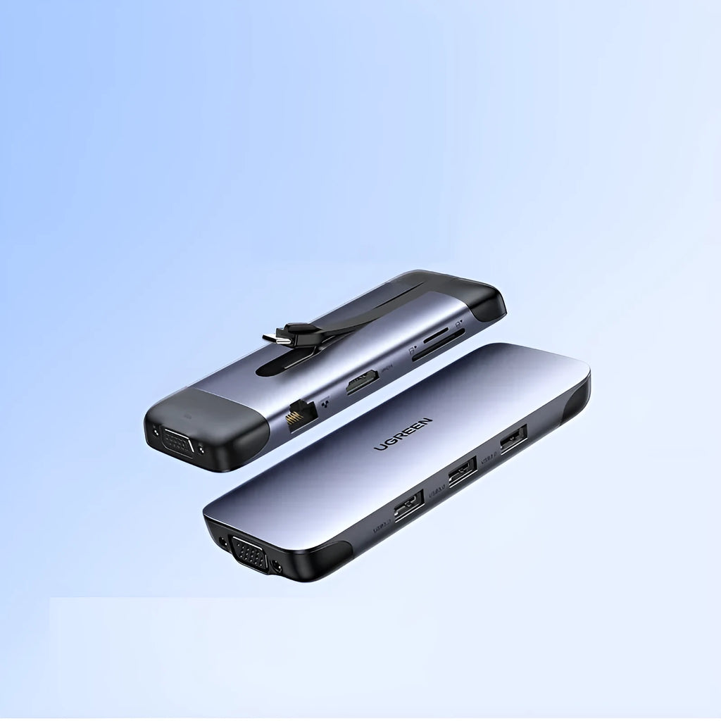 USB C to multi-port hub adapter with HDMI, VGA, Ethernet, and USB 3.0 ports on a 9cm cable