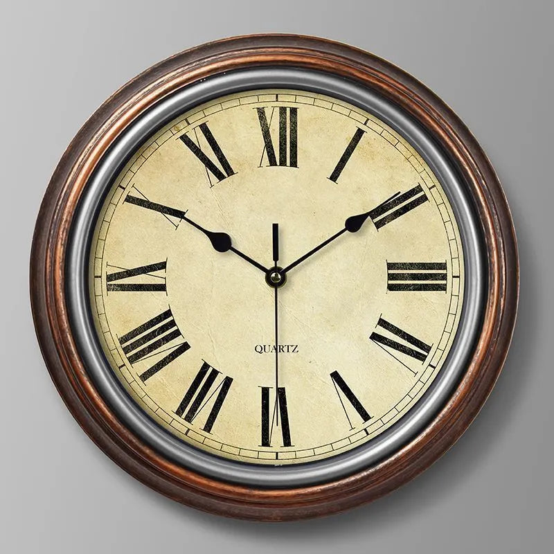 American retro noiseless wall clock 12 inch diameter 29cm glass shell punch-free golden circle Arabic numerals