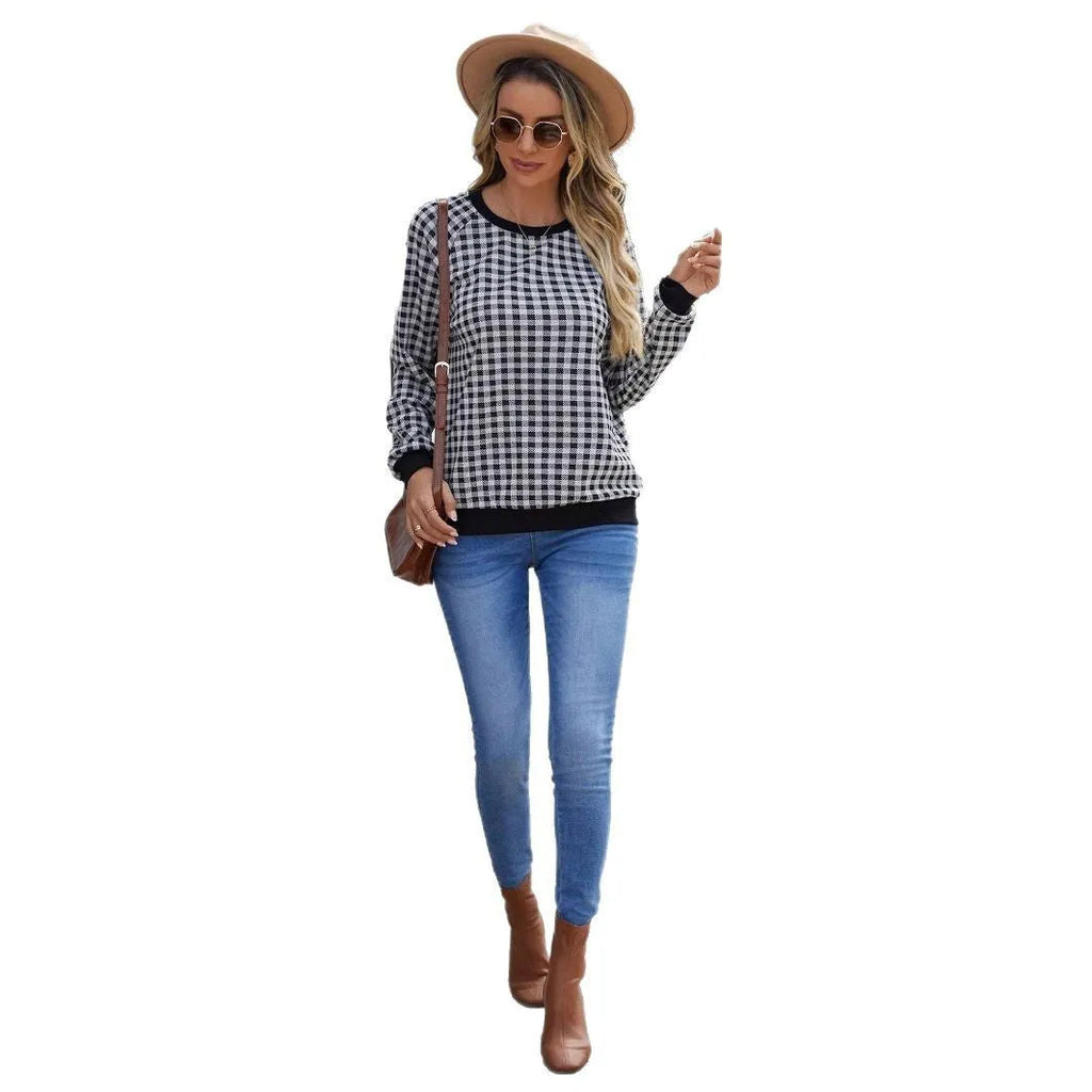 Black Japanese plaid pattern long sleeve pullover sweater with printed details
