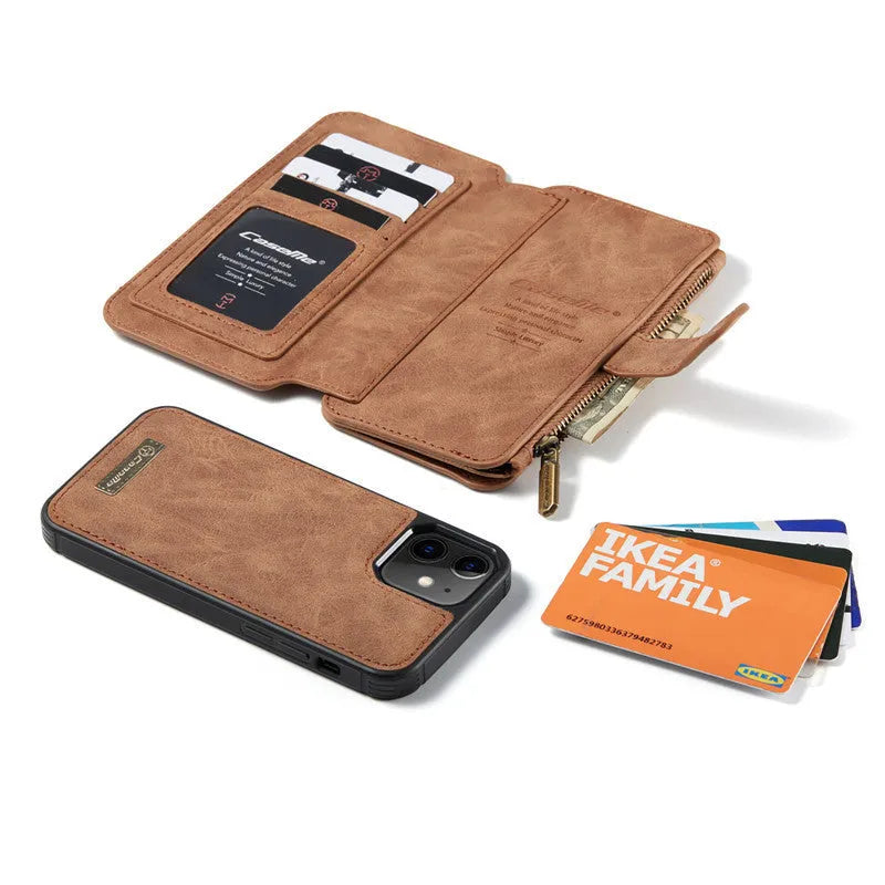 Imitation leather split flip case for Apple iPhone in black showing flip cover and machined finish