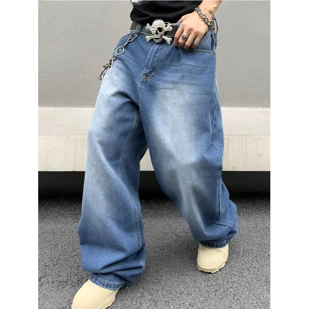 Men's sky blue cotton denim straight loose fit jeans with zip placket, casual style