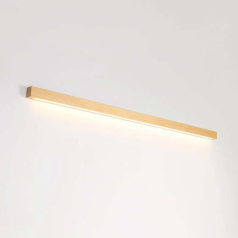 Walnut-coloured minimalist log strip wall lamp with wood and acrylic construction in three length options