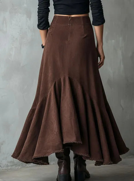 Brown women's maxi skirt with high-low hem and ruffle details in a Western leisure style.