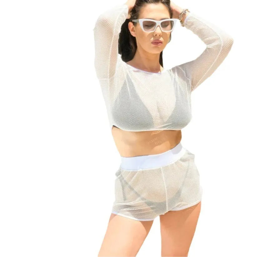 White transparent women's swimsuit set with breathable straps and matching skirt for beach wear
