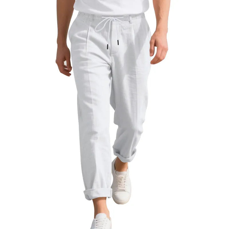 Men's linen casual trousers in army green with drawstring waist and straight leg design