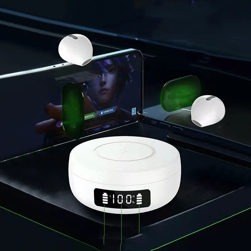 Black, white and coloured mini semi-in-ear wireless headphones with charging compartment