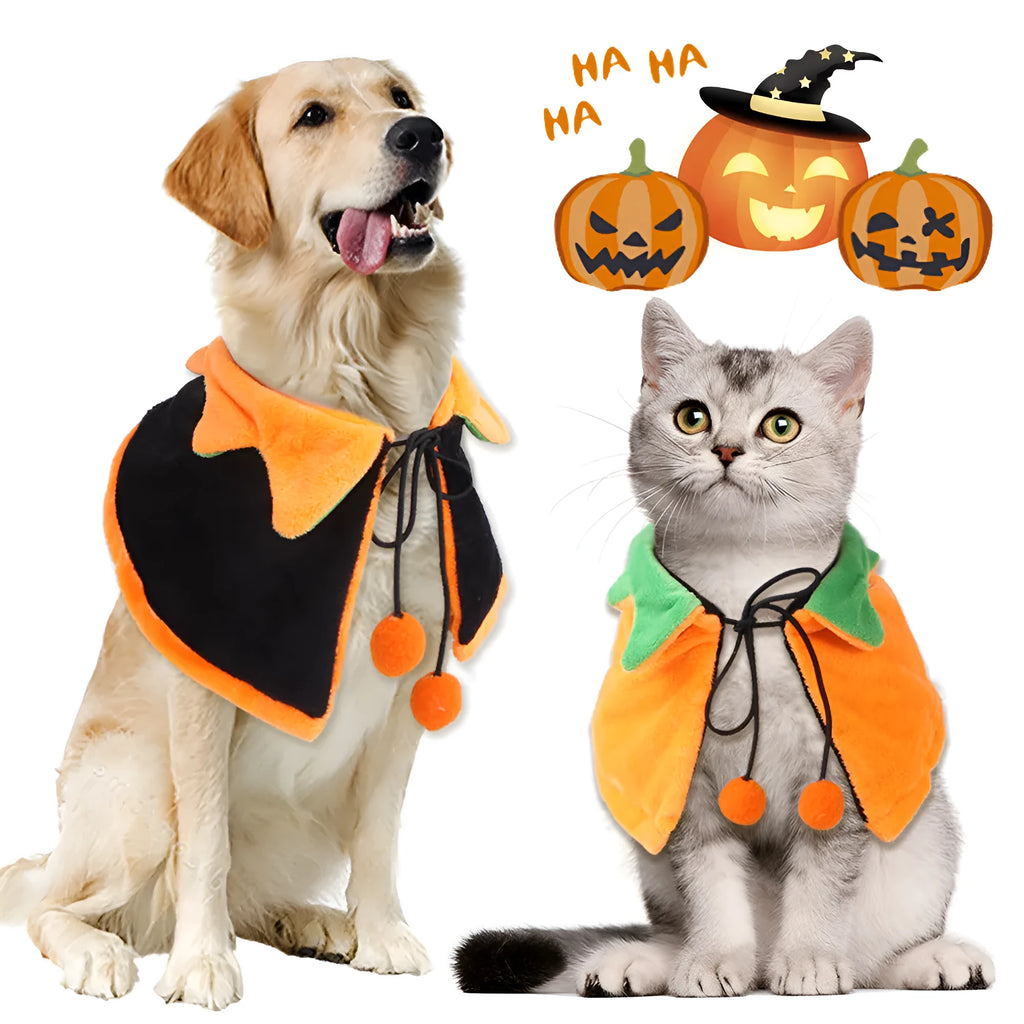Orange plush pumpkin costume cloak for a dog or cat on a mannequin, showing double-sided design.