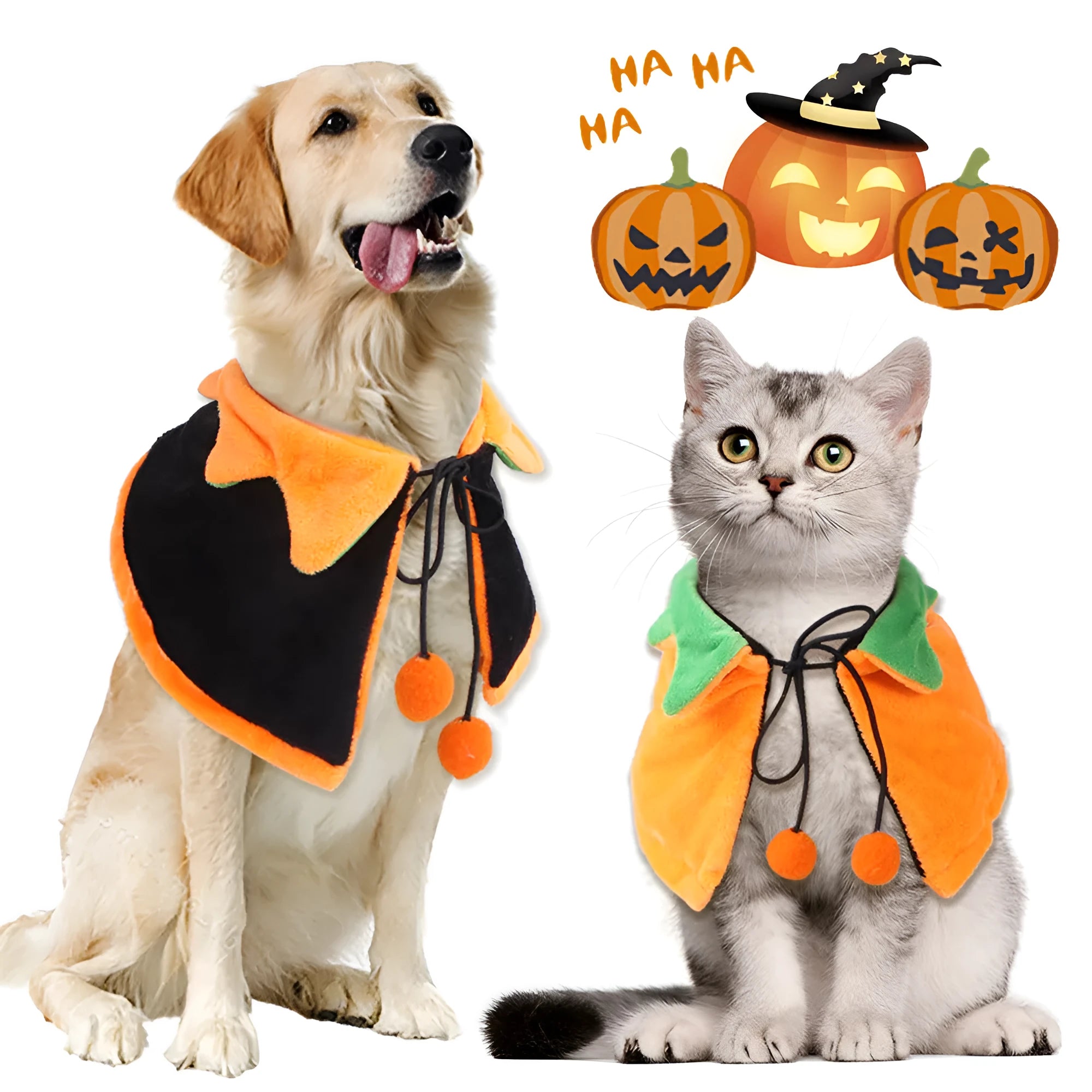 Orange plush pumpkin costume cloak for a dog or cat on a mannequin, showing double-sided design.