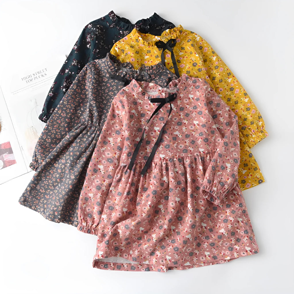 Little floral cotton girls' ribbon bowknot dress in pink, long sleeves, princess style for heights 90-150cm