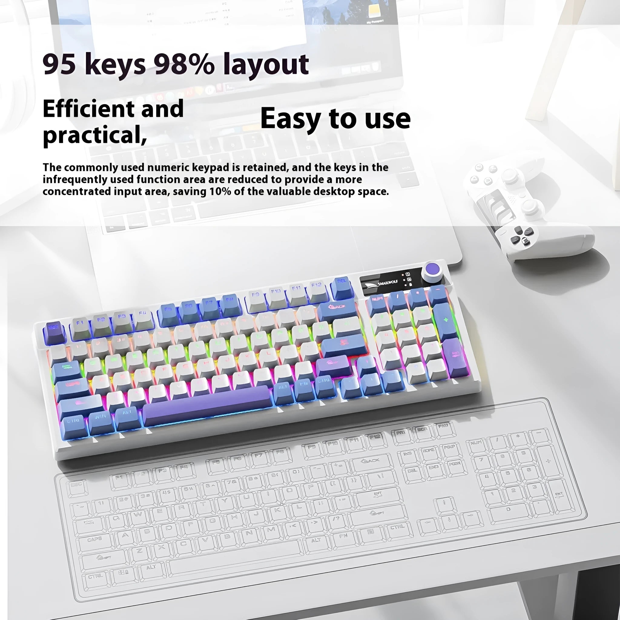 SK15 wired mechanical gaming keyboard with control knob in sunset orange colour beside notebook computer