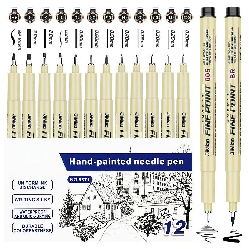 Waterproof needle pen with hand-drawn syringe cartoon design on plastic shell for sketching and writing