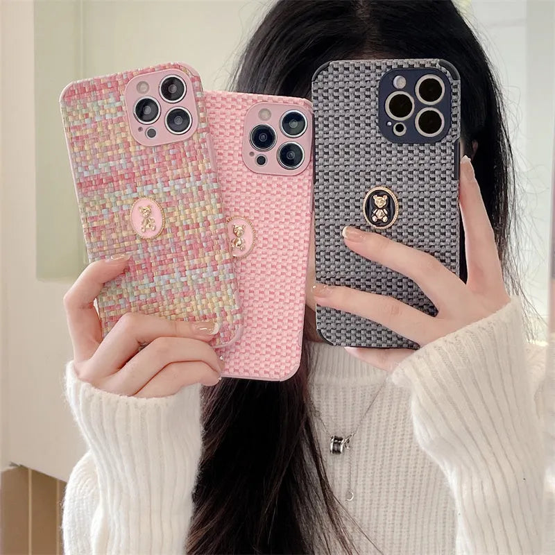 Woven bear flannelette phone case for iPhone in colourful pink with cute Japanese Korean cartoon design