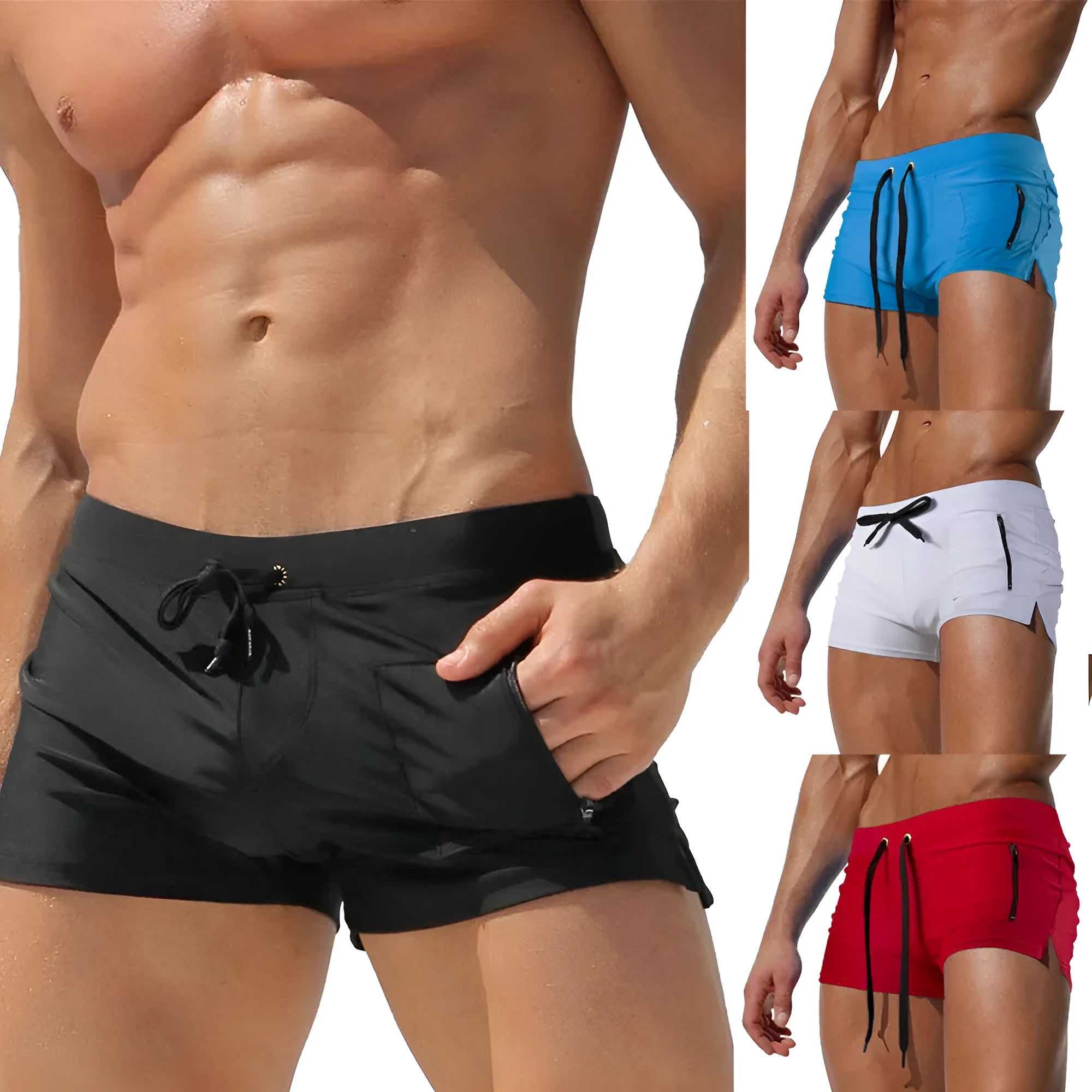 Men's black high waist swimming trunks with lace-up front closure and spandex lining