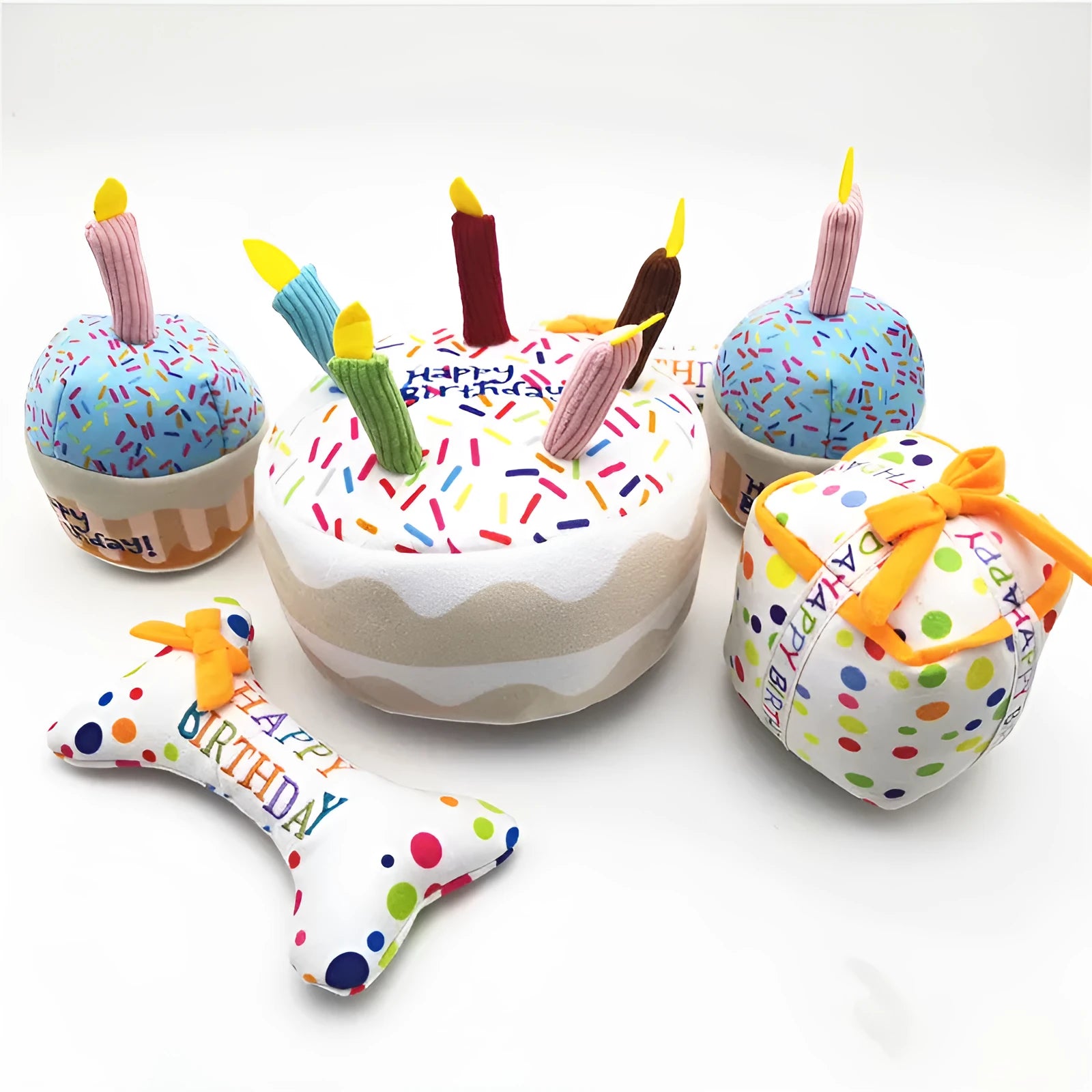 Cute dog birthday cake plush toy set with short plush big cake, small cake, gift box, and bone shapes