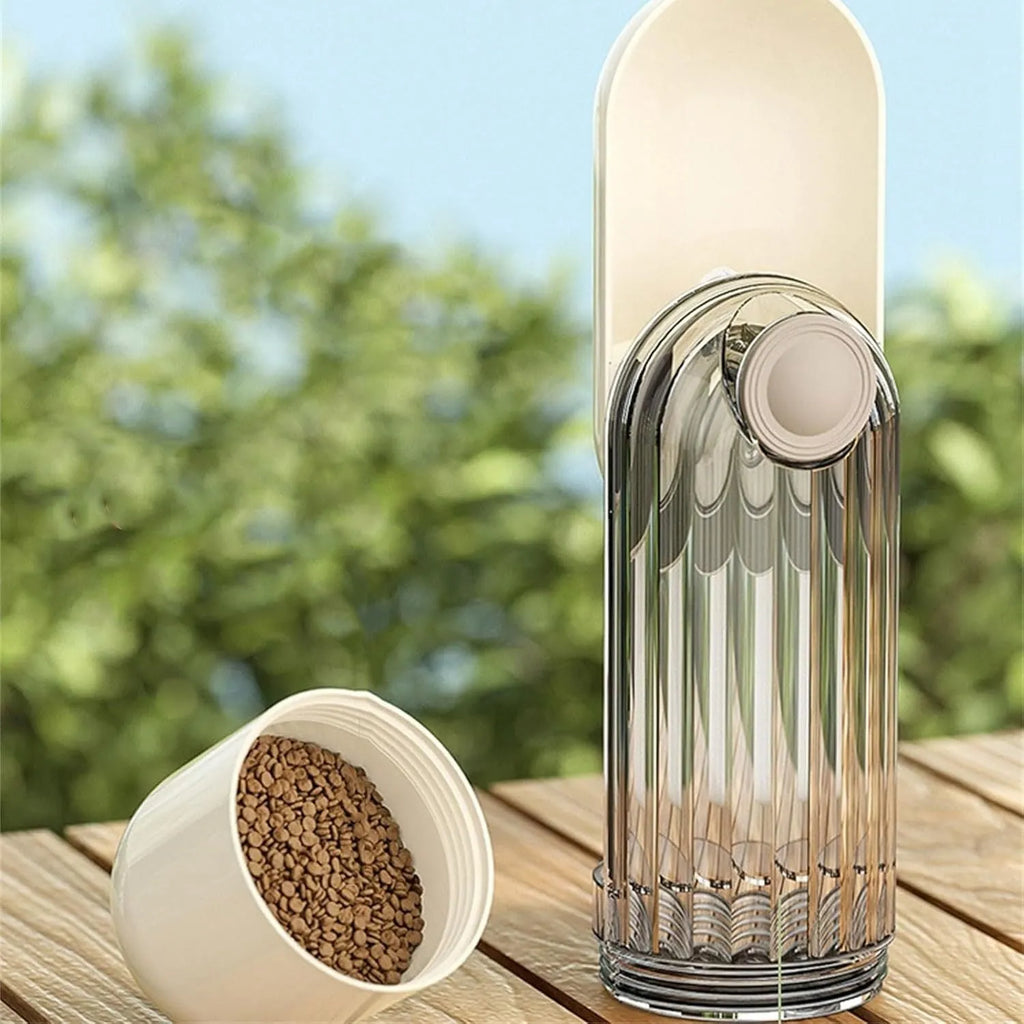 Foldable dog water bottle food dispenser with large drinking opening and integrated snack container
