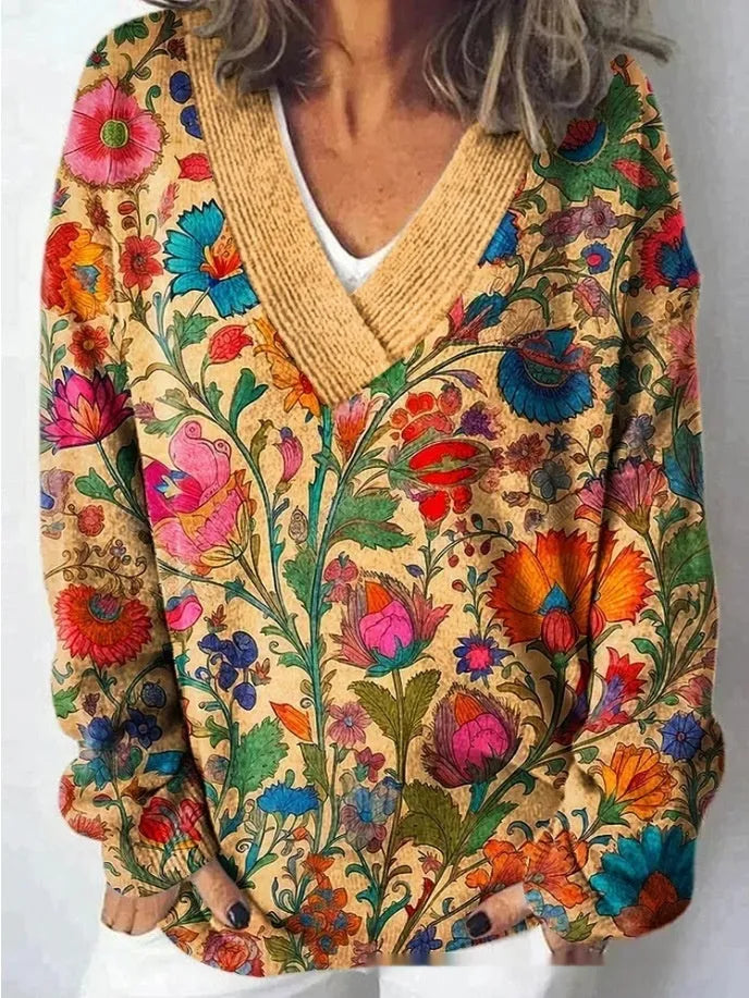 Women's floral printed sweatshirt with 3D pattern and V-neck design in art retro style