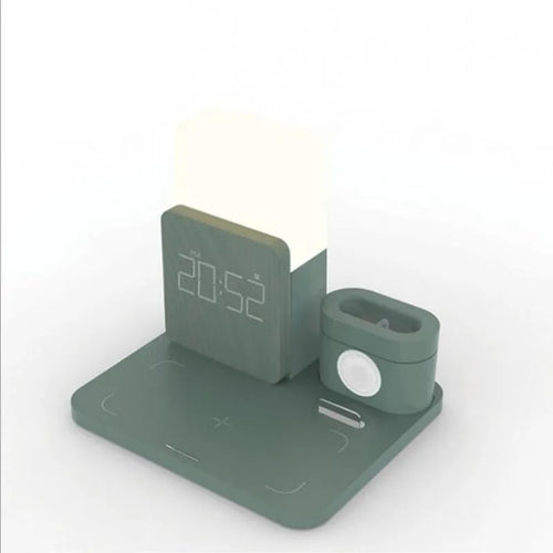 Dark green Qi wireless charger stand with foldable phone holder and cooling ventilation