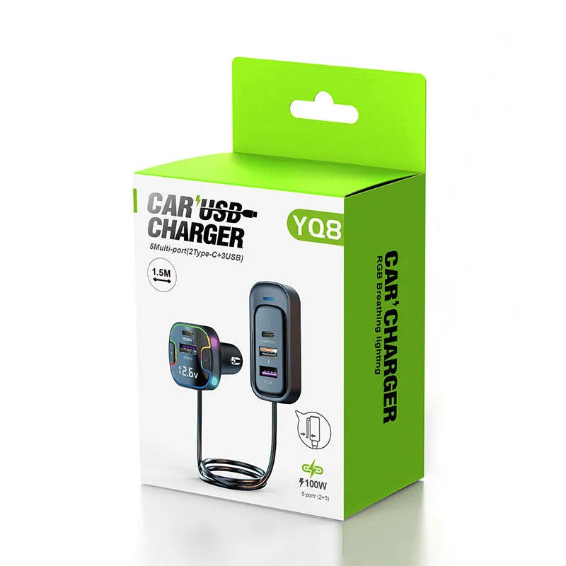 YQ8-Black car PD fast charger with front and rear charging ports showing five USB connections