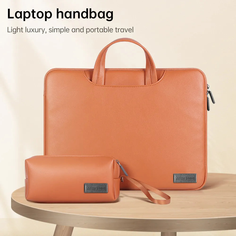Waterproof PU laptop bag in black with accessory bag and shoulder strap for 15.6 inch laptop