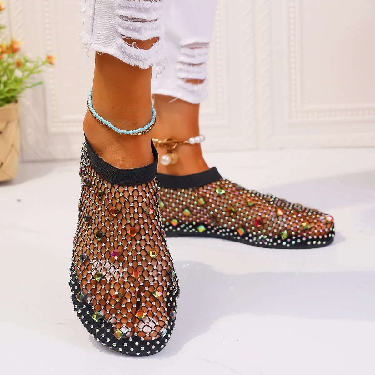 Women's colourful mesh flat sandals with rhinestone decoration and round toe