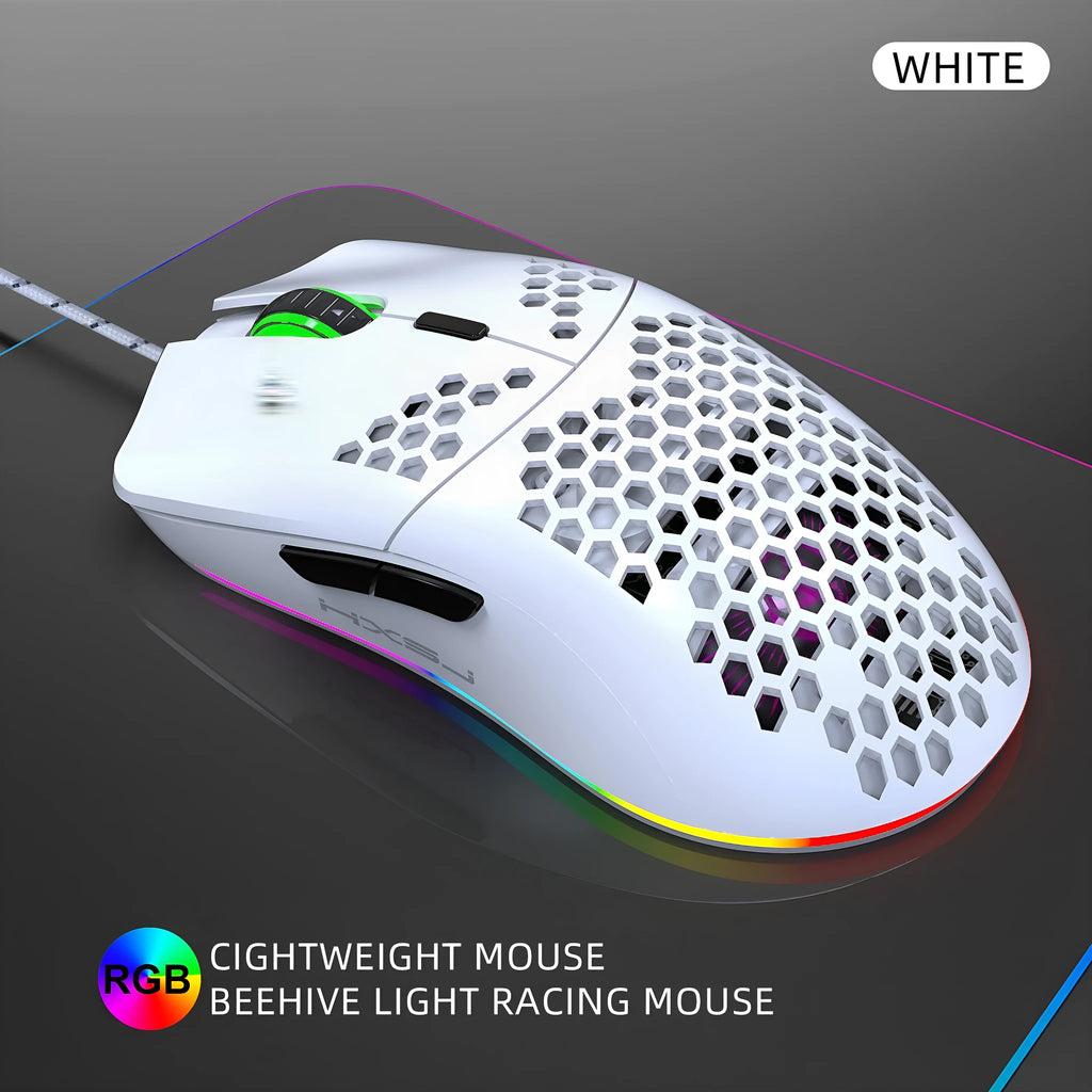J900 lightweight honeycomb shell wired RGB gaming mouse in black with 6 programmable buttons and 150cm USB cable