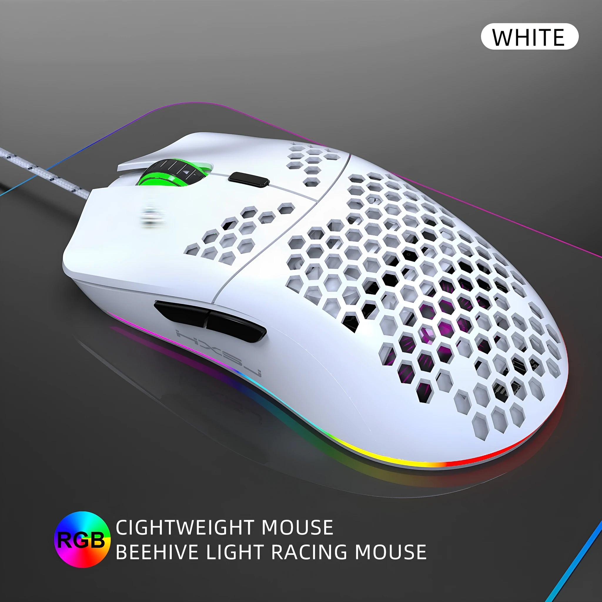 J900 lightweight honeycomb shell wired RGB gaming mouse in black with 6 programmable buttons and 150cm USB cable