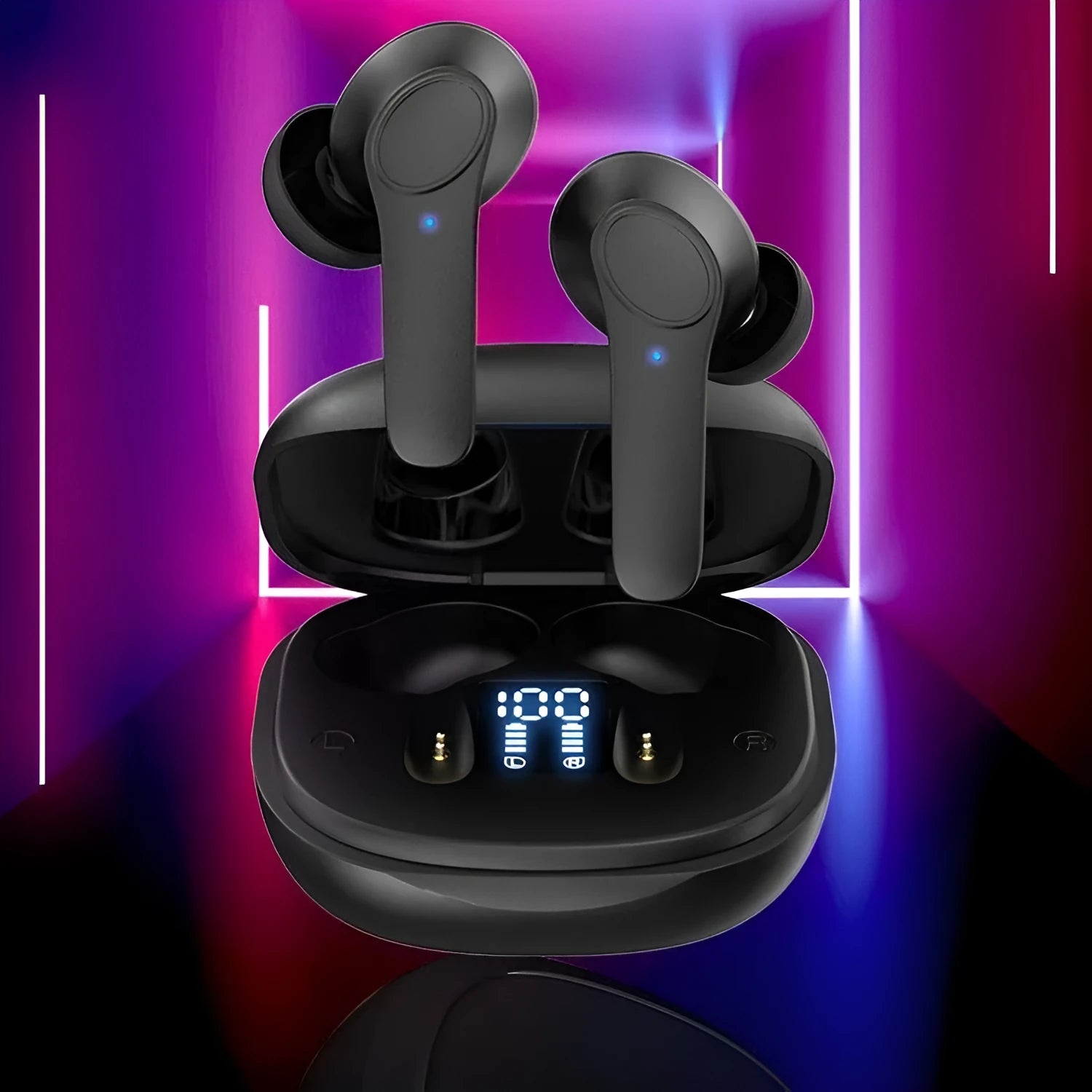 Black and white wireless Bluetooth in-ear translation headphones with touch controls and USB-C port.