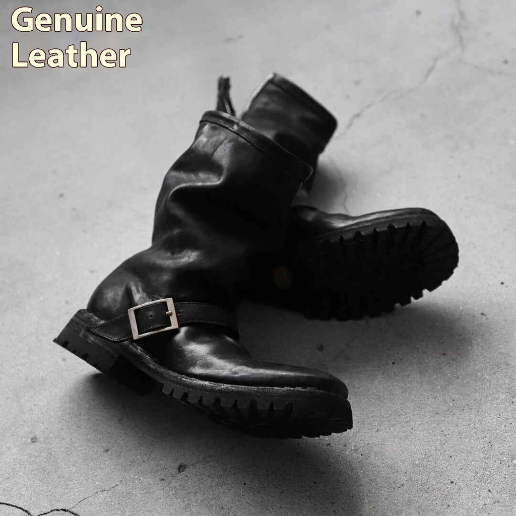 Men's dark retro Martin boots with side zip closure and round toe in black colour