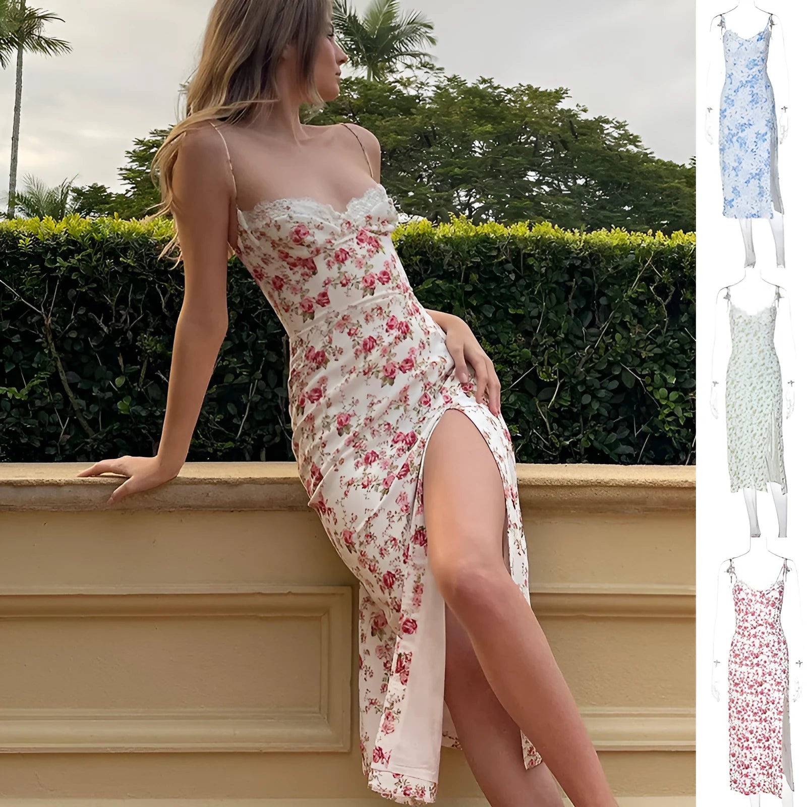 Women's blue lace flower print long dress with a thigh slit and thin suspender straps.
