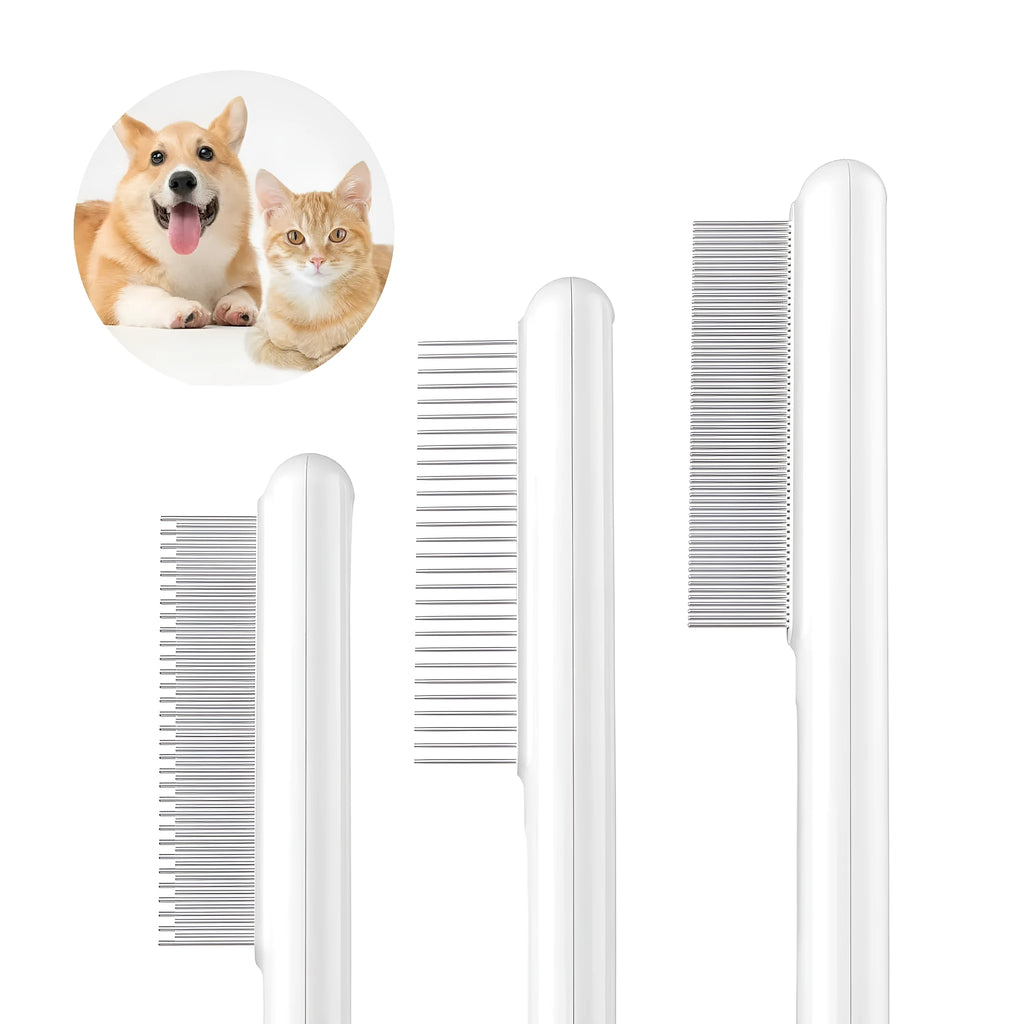 Stainless steel cat grooming comb with rounded teeth and ergonomic handle in green colour