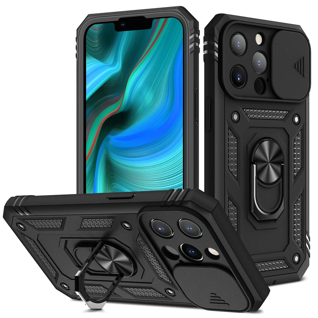 Magnetic iPhone case with a sliding window stand bracket open, shown in a two-tone colour.
