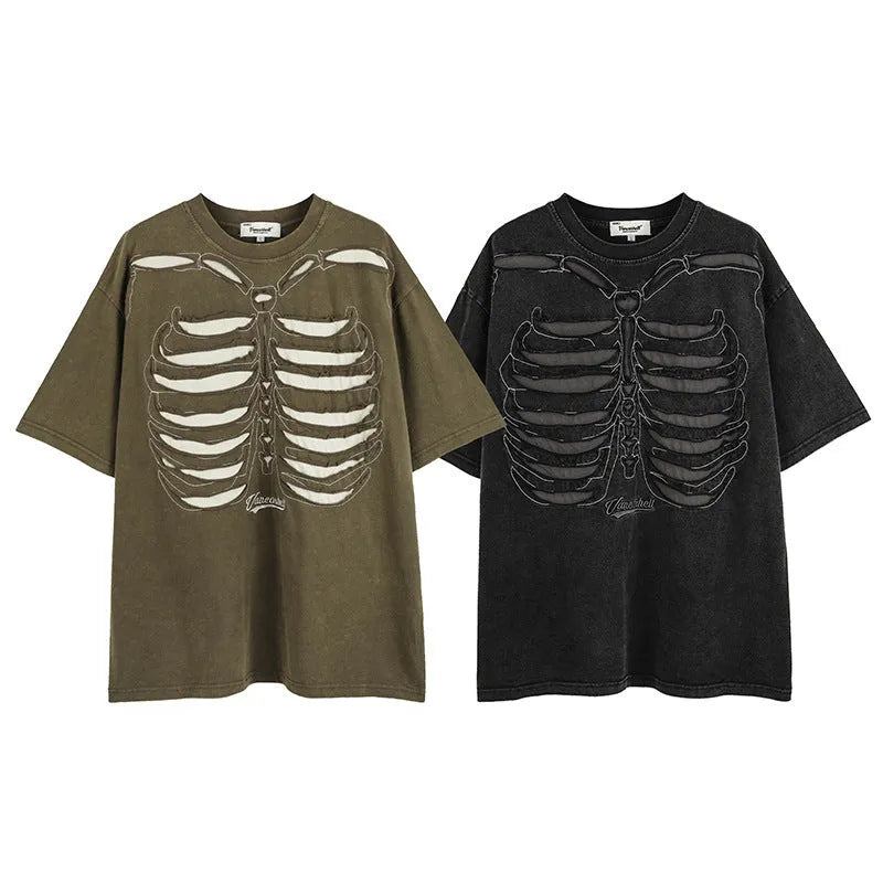 Skull pattern short sleeve cotton T-shirt in dark street style with drop shoulders