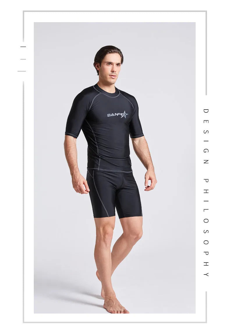 Men's blue half-sleeve quick-dry nylon swimsuit top and pants set for swimming and surfing.