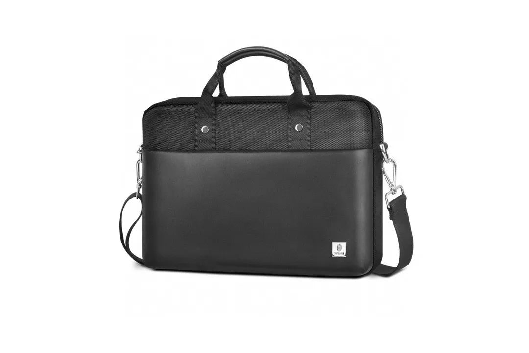 Black Oxford cloth laptop backpack showing multiple pockets and anti-seismic padding for 14-inch or 15.6-inch computers.